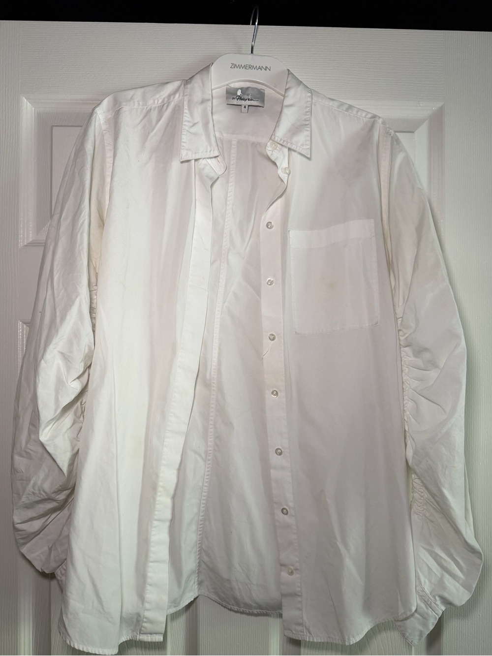 Phillip Lim White Button-Up Shirt with Ruched Sleeves
